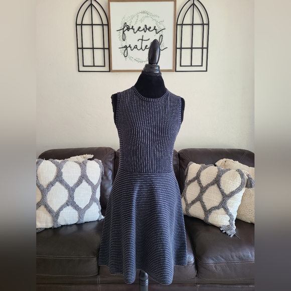 Theory‎ Randria Evian Stretch Wool Navy A-Line Stripe Dress Women's Size L - Picture 2 of 10